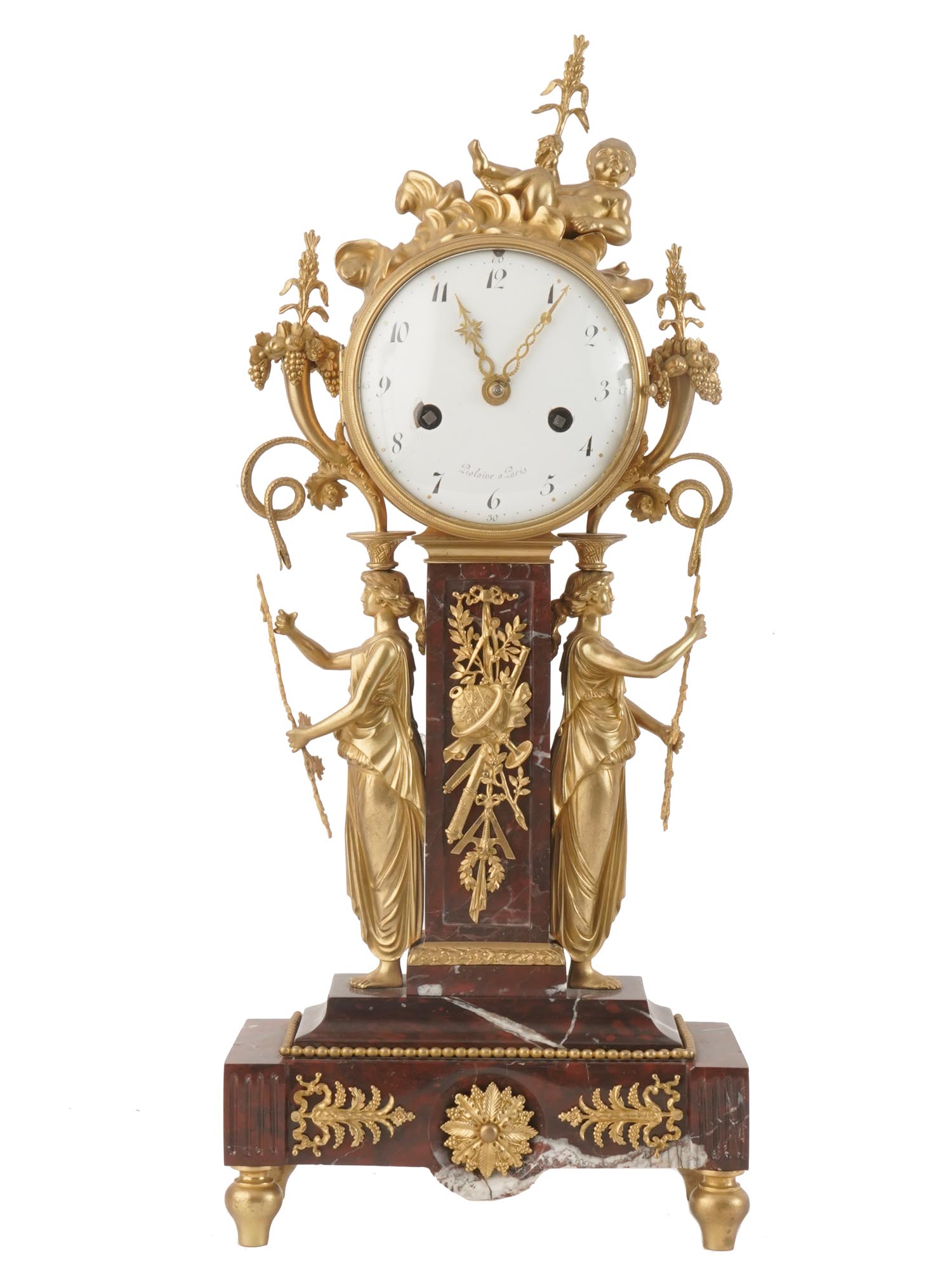 ANTIQUE FRENCH EMPIRE PIOLAINE ORMOLU MANTEL CLOCK PIC-0